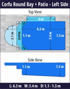 Corfu Round Bay + Patio pool shell dimensions diagram — Cosmo Pools