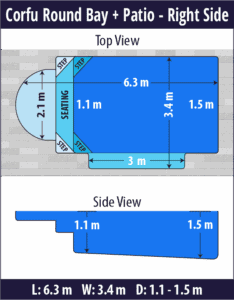 Corfu Round Bay + Patio pool shell dimensions diagram — Cosmo Pools