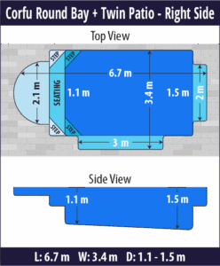 Corfu Round Bay + Twin Patio pool shell dimensions diagram — Cosmo Pools
