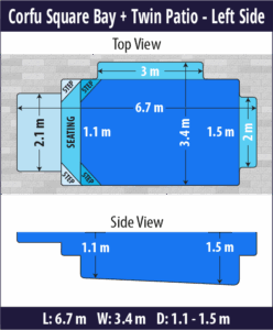 Corfu Square Bay + Twin Patio pool shell dimensions diagram — Cosmo Pools
