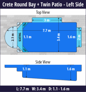 Crete Round Bay + Twin Patio pool shell dimensions diagram — Cosmo Pools
