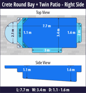 Crete Round Bay + Twin Patio pool shell dimensions diagram — Cosmo Pools