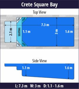 Crete Square Bay pool shell dimensions diagram — Cosmo Pools