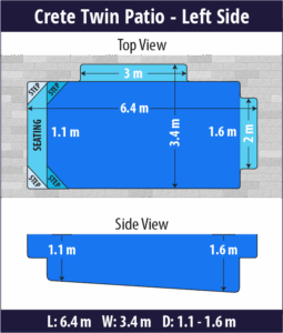 Crete Twin Patio pool shell dimensions diagram — Cosmo Pools