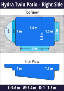 Hydra Twin Patio pool shell dimensions diagram — Cosmo Pools