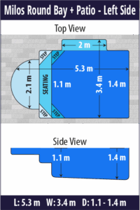 Milos Round Bay + Patio pool shell dimensions diagram — Cosmo Pools