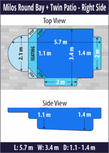 Milos Round Bay + Twin Patio pool shell dimensions diagram — Cosmo Pools