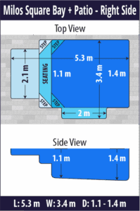 Milos Square Bay + Patio pool shell dimensions diagram — Cosmo Pools