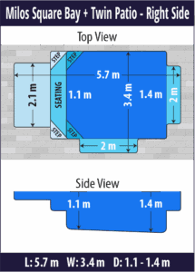Milos Square Bay + Twin Patio pool shell dimensions diagram — Cosmo Pools