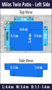 Milos Twin Patio pool shell dimensions diagram — Cosmo Pools