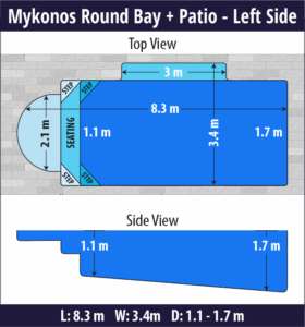 Mykonos Round Bay + Patio pool shell dimensions diagram — Cosmo Pools