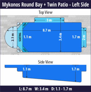 Mykonos Round Bay + Twin Patio pool shell dimensions diagram — Cosmo Pools