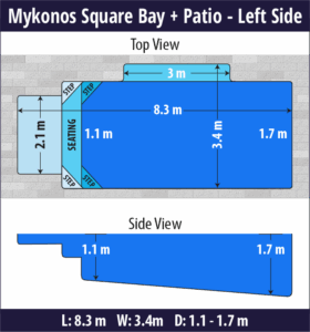 Mykonos Square Bay + Patio pool shell dimensions diagram — Cosmo Pools