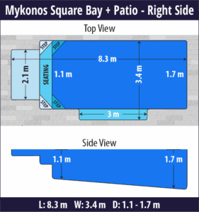 Mykonos Square Bay + Patio pool shell dimensions diagram — Cosmo Pools
