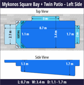 Mykonos Square Bay + Twin Patio pool shell dimensions diagram — Cosmo Pools