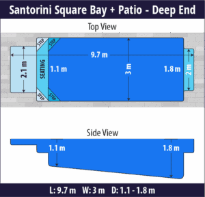 Santorini Square Bay + Patio pool shell dimensions diagram — Cosmo Pools