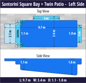 Santorini Square Bay + Twin Patio pool shell dimensions diagram — Cosmo Pools