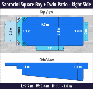 Santorini Square Bay + Twin Patio pool shell dimensions diagram — Cosmo Pools