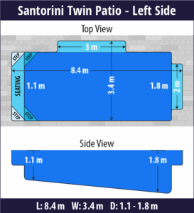 Santorini Twin Patio pool shell dimensions diagram — Cosmo Pools