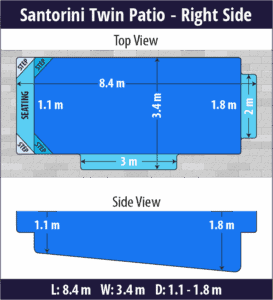 Santorini Twin Patio pool shell dimensions diagram — Cosmo Pools